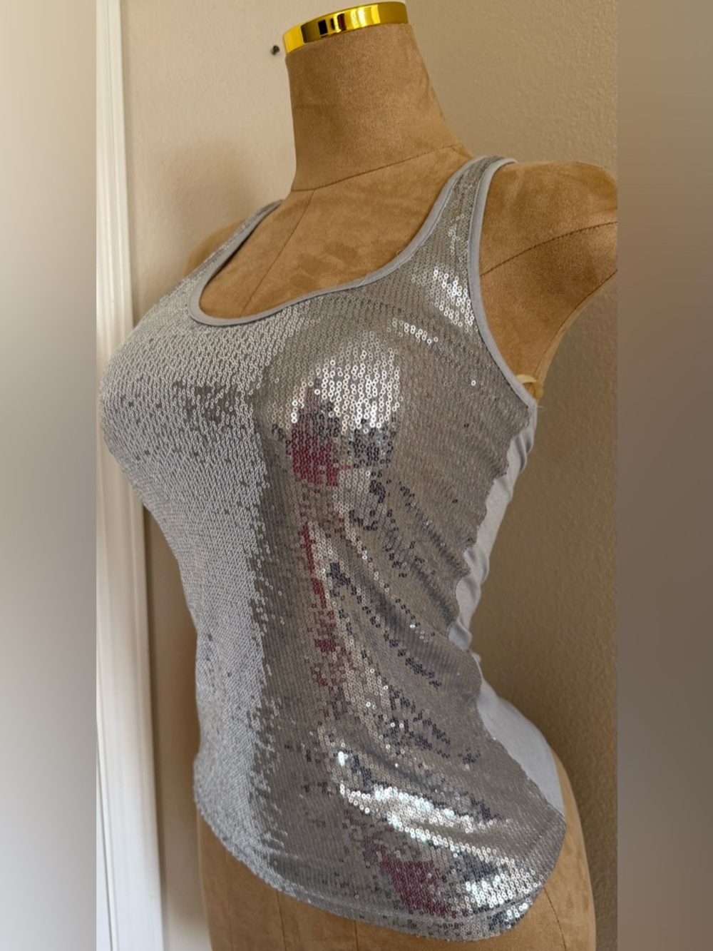 Silver Sequin Tank Top - Women's Shiny Scoop Neck
